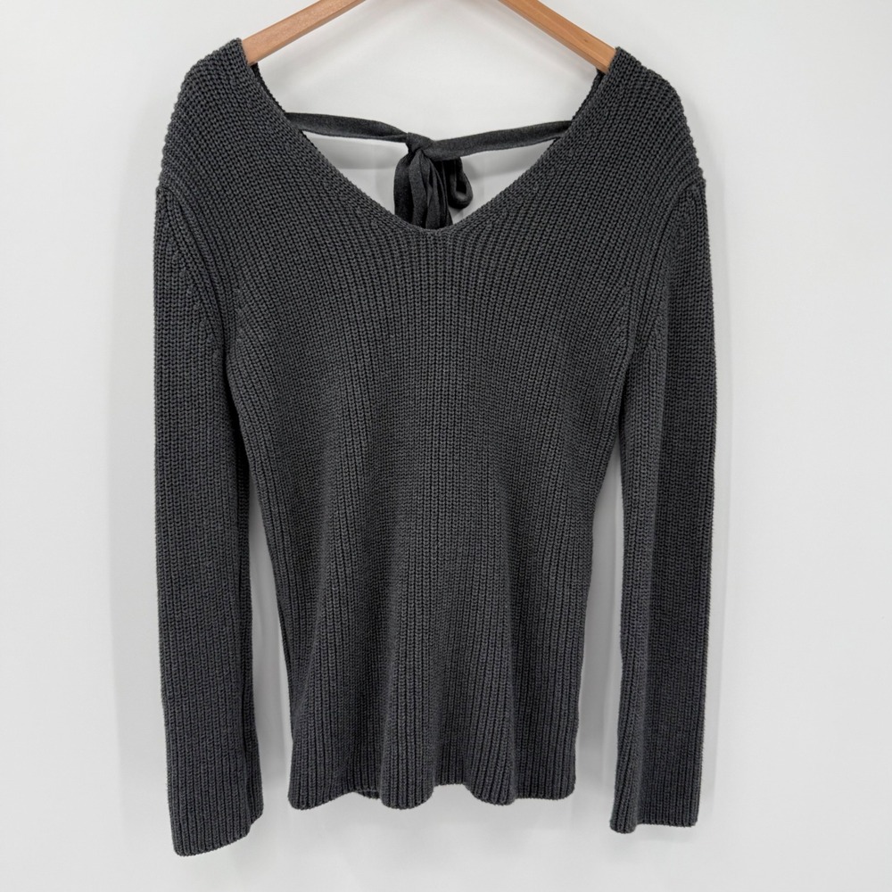 Pact Fisherman Knit Tie Back Sweater Small Gray Organic Cotton Chunky V Neck